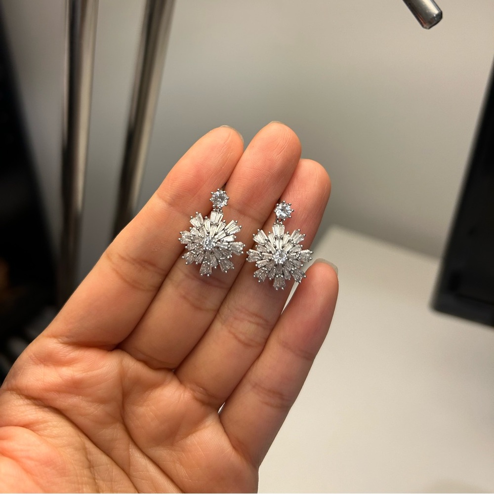 White crystal snowflake drop earrings 925 sterling silver stub